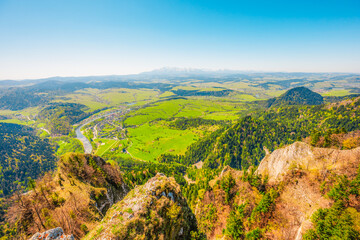 Hiking to peak Tri Koruny or Trzy Korony during day. Pieniny National park in Poland. View from the lookout at the top © Zedspider