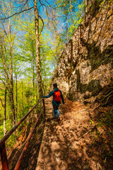Hiking to Peak Tri Koruny or Trzy Korony during day. Pieniny National park in Poland. Pieniny Castle © Zedspider