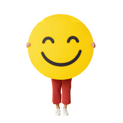 Person holding big yellow smiley face emoji sign happiness positivity well being concept illustration on transparent background