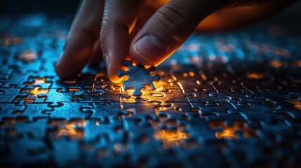 A hand placing the final piece of a complex puzzle a challenging task requiring focus and determination