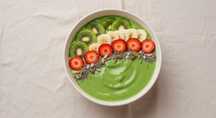 Delicious Green Smoothie Bowl with Kiwi Banana Strawberry and Seeds