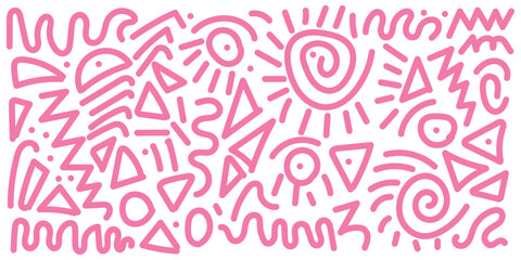Abstract pink color line doodle seamless pattern set. Creative fun squiggle style drawing background collection with basic shape symbol. Simple geometric scribble wallpaper print in eps 10.