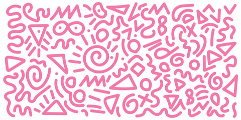 Abstract pink color line doodle seamless pattern set. Creative fun squiggle style drawing background collection with basic shape symbol. Simple geometric scribble wallpaper print in eps 10.