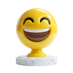 Laughing emoji face yellow happy expression social media icon on marble base for desk decor and gifts on transparent background