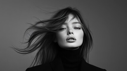 woman with loose hair in her hair in black clothes, in photo studio gray background, blurred face, strong wind, hail, black and white, romantic mood, dreamy soft focus, with vignetting and distortion