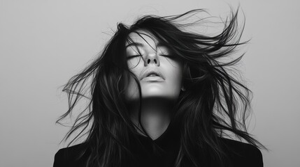 woman with loose hair in her hair in black clothes, in photo studio gray background, blurred face, strong wind, hail, black and white, romantic mood, dreamy soft focus, with vignetting and distortion