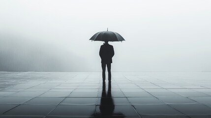 A simple design for an exhibition poster, photo of person holding umbrella in background. with subtle gradient background color from light gray to dark grey,