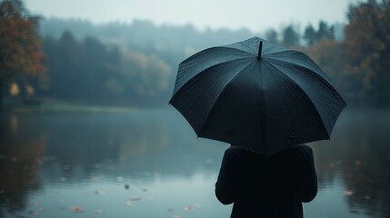 A simple design for an exhibition poster, photo of person holding umbrella in background. with subtle gradient background color from light gray to dark grey,
