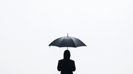 A simple design for an exhibition poster, photo of person holding umbrella in background. with subtle gradient background color from light gray to dark grey,