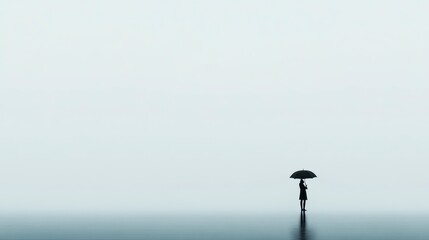 A simple design for an exhibition poster, photo of person holding umbrella in background. with subtle gradient background color from light gray to dark grey,