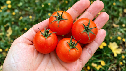 Fresh ripe cherry tomatoes held in hand close up