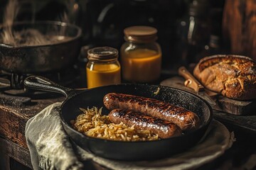 Moody kitchen scene with grilled sausage and fresh bread