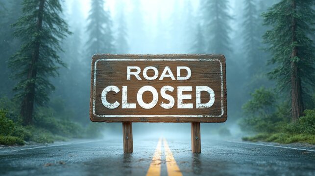 Road closed sign in foggy forest with tall pine trees on misty day - Powered by Adobe
