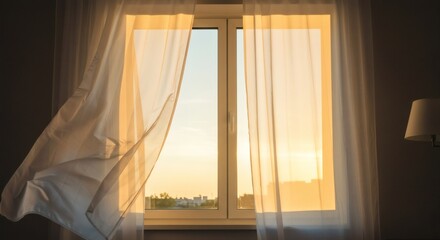 Golden Hour Sunlight Streaming Through Sheer Curtains in a Bedroom Window