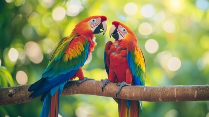 macaw perched together in a tropical setting