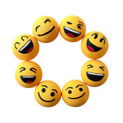 Yellow emoji faces circle on black background expressing various emotions and feelings, social media concept on transparent background