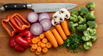Chopped Vegetables and Herbs on Wooden Cutting Board with Knife