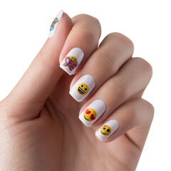 White emoji nail art designs trending now for summer manicure inspiration and nail fashion ideas on transparent background