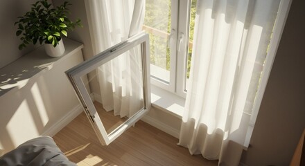 Sunlight Streaming Through Open Casement Window with Sheer Curtains in Modern Bedroom