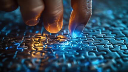 Close up of a hand placing the final piece into a glowing blue and orange jigsaw puzzle with intricate details