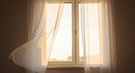 Sheer White Curtains Blowing Gently in Warm Sunlight Through Window