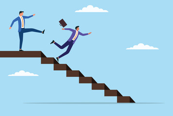 Vector illustration of a businessman shown kicking another businessman from the stairs, representing ruthless ambition, betrayal, and cutthroat competition in the workplace
