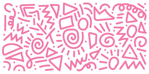 Abstract pink color line doodle seamless pattern set. Creative fun squiggle style drawing background collection with basic shape symbol. Simple geometric scribble wallpaper print in eps 10.
