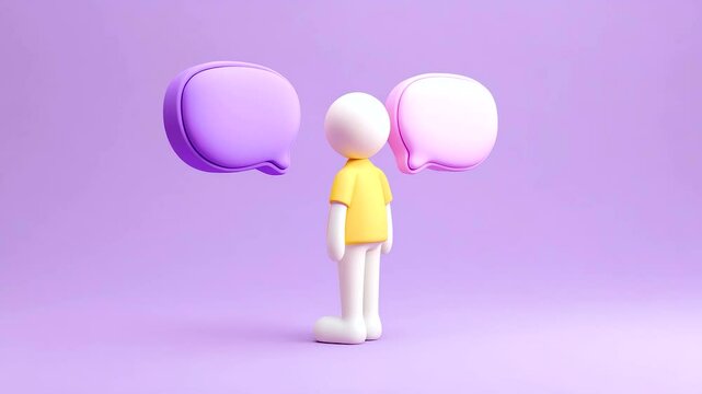 Minimalist 3d clay figure with pastel purple, pink, and yellow speech bubbles symbolizing communication, connection, and conversation purple background