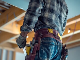 Construction worker installing drywall in wood-framed house