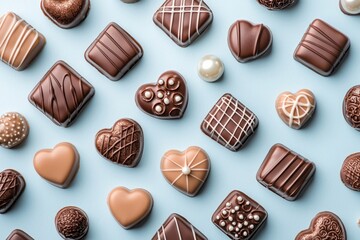 Decorative heart and square chocolates flat lay