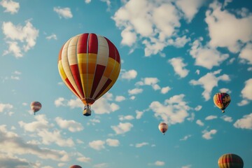 Group of colorful balloons floating over landscape