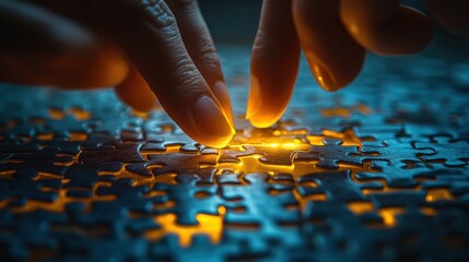 Close up of fingers carefully placing the last piece of a puzzle highlighting the completed section with a bright yellow glow a metaphor for problem solving and success