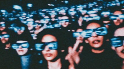 Crowd of diverse adults wearing 3d glasses at a concert or event