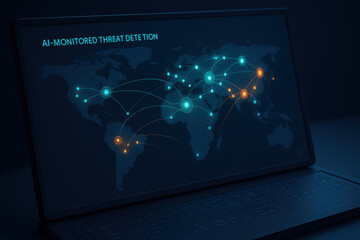 AI monitored threat detection dashboard displays global map with interconnected nodes, showcasing real time data visualization. vibrant colors highlight various threat levels, creating engaging