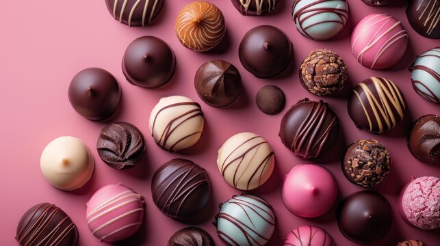 Assortment of gourmet chocolates for world chocolate day celebration. Top view. Pink background. Horizontal banner. Copy space. Confectionery factory, sweet life