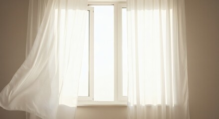 Sheer White Curtains Blowing in the Breeze by Open Window Sunlight Streaming In