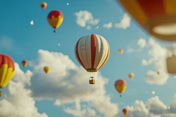Fototapeta premium Aerial view of hot air balloons during sunrise flight