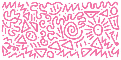 Abstract pink color line doodle seamless pattern set. Creative fun squiggle style drawing background collection with basic shape symbol. Simple geometric scribble wallpaper print in eps 10.