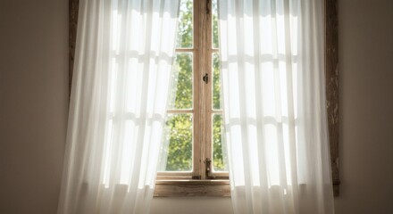 Serene Sunlight Through Sheer Curtains on Rustic Wooden Window