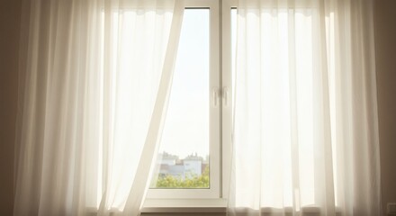 Sheer White Curtains Draped Over Window Sunlight Streaming Through Soft Light Home Interior Design