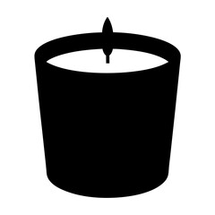 Simple black and white illustration of a burning candle in a container