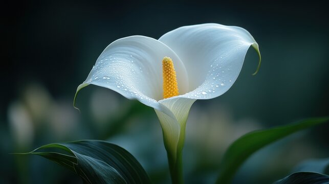 A delicate white calla lily glistens with dew drops in soft natural light