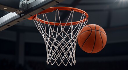 Fototapeta premium Basketball Swish: Orange Sphere Entering Net, Dramatic Close-Up