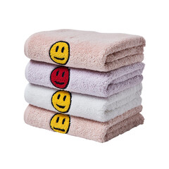 Stack of smiley face towels colorful bathroom accessories soft cotton hand towels face cloths bath linens on transparent background