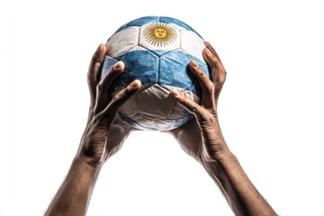 An Argentinian flagthemed soccer ball is held up by two hands set against a white backdrop