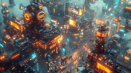 Isometric Cyberpunk Cityscape at Night with Glowing Neon Lights