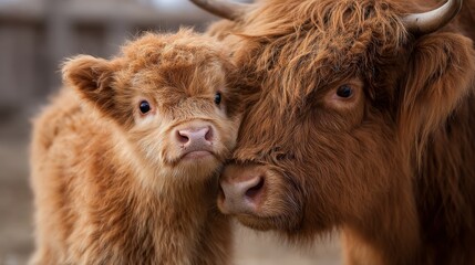 Fototapeta premium Highland cattle bonding: adult and calf close-up in natural habitat