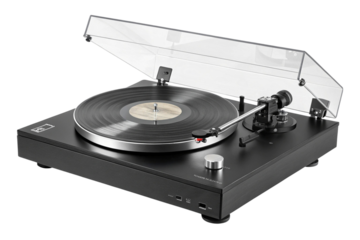 Black turntable with vinyl record and dust cover isolated on transparent background