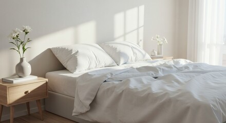 Serene Bedroom Interior Sunlit Minimalist White Bed Bedding and Nightstand