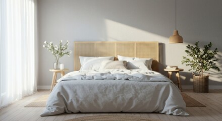 Serene Minimalist Bedroom Interior Light Grey Linen Bedding Rattan Headboard and Natural Decor